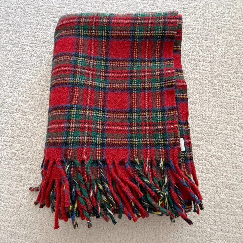 Lands End Coming Home Red Plaid Wool Throw Blanket Fringe USA Made 64X50